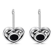 Black Onyx Celtic Love Heart Sterling Silver Stud Earrings - e366